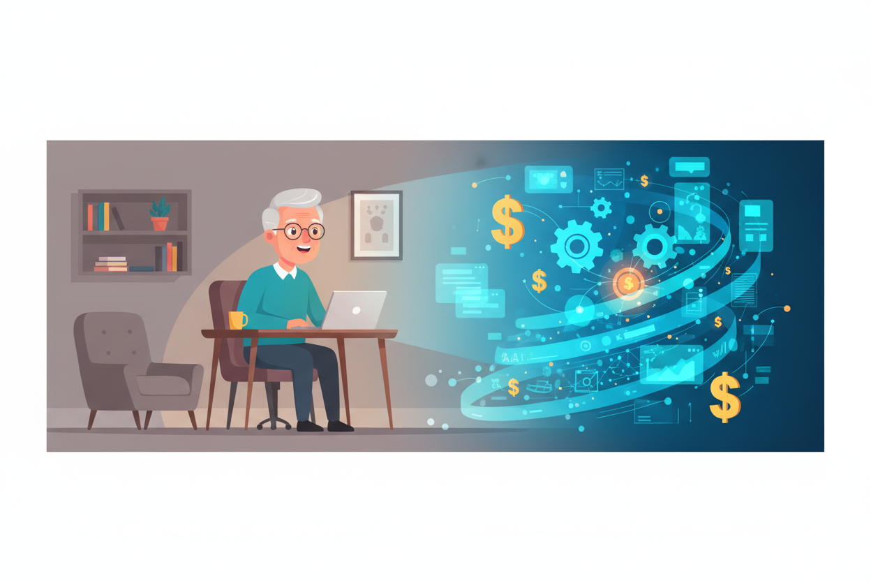 Older man wearing glasses works on a laptop at a home desk, as glowing fintech graphics and dollar icons stream from the screen to the right.